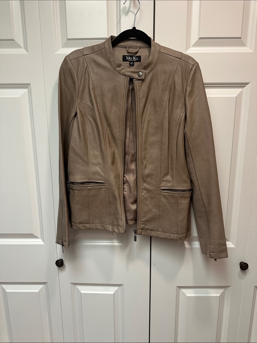 Taupe Leather Moto Jacket - Women's